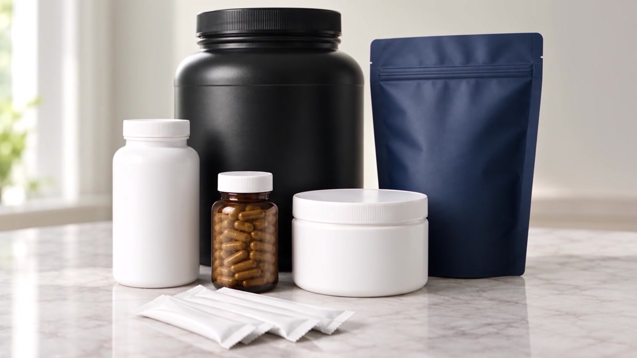 Conceptos de botellas, bolsas, envases y goteros